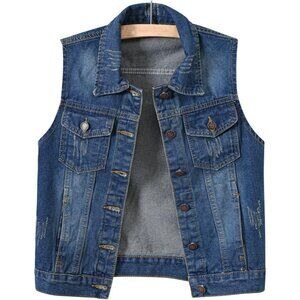 Women's Denim Waistcoat Slim Fit Frayed Ripped Sleeveless Jacket Pockets